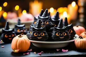 espeluznante-lindo Víspera de Todos los Santos meriendas - calabaza y horneado bienes en el forma de un negro chocolate gato vistiendo un de bruja sombrero come - generativo ai foto