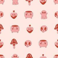 Cute and creepy seamless pattern. Trendy pink and red print. Retro cartoon style. Cauldron, skull, potion, mushroom, ghoost. Happy Halloween. vector