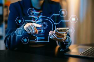 Man using chatbot in computer and tablet  smart intelligence Ai.Chat with AI Artificial Intelligence, developed by OpenAI generate. Futuristic technology, robot in online system. neon light photo