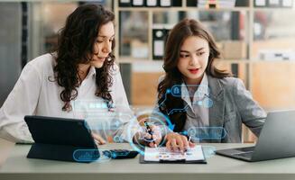 Two Woman using chat bot in smartphone intelligence Ai. Chat with AI Artificial Intelligence, developed by OpenAI generate. robot in online system. in office photo