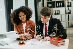 Business and Male lawyer or judge consult having team meeting with client, Law and Legal services concept.Customer service good cooperation in modern office photo