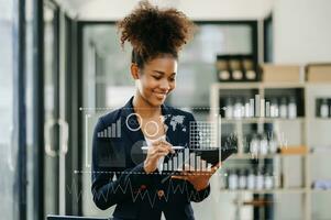 Intelligence and business analytics with key performance indicators dashboard concept.StartUp Programming as Fintech concept.Business team meeting. Photo professional investor  at office