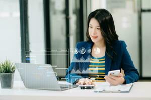 Businesswoman hand Project manager working and update tasks and Gantt chart scheduling virtual diagram.with smart phone, tablet and laptop in office. photo