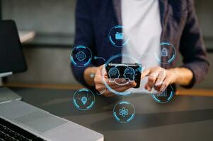 Woman using chatbot in computer and tablet  smart intelligence Ai.Chat with AI Artificial Intelligence, developed by OpenAI generate. Futuristic technology, robot in online system. photo