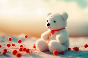 adorable blanco mullido oso en arena - Perfecto para fiesta artesanía - generativo ai foto