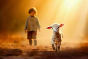 Biblical Scene - Boy found a lost sheep in Sunlight - Generative AI photo