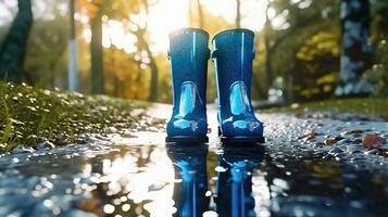 Autumn Rain - Rubber Boots by a Puddle - Generative AI photo