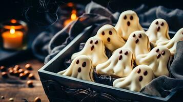 Festive Ghost-Shaped Cookies for Halloween - Generative AI photo