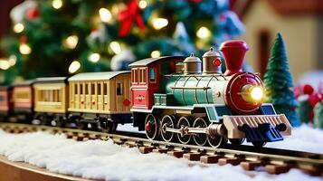 Polar Express toy train on holiday background - Generative AI photo