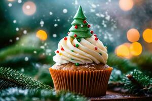 Edible Artistry - Christmas Tree Cake in Blurred Bokeh Beauty - Generative AI photo