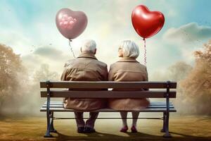 Romantic Seniors - Couple with Red Balloons Enjoying the Park - Generative AI photo