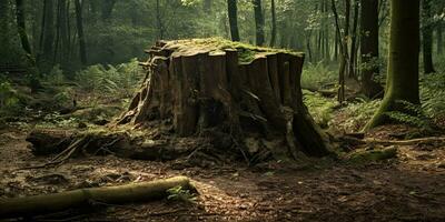 ai generado. ai generativo. de madera tocón en el selva bosque. naturaleza al aire libre paisaje antecedentes. gráfico Arte foto