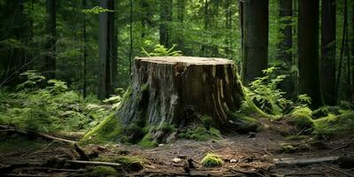 ai generado. ai generativo. de madera tocón en el selva bosque. naturaleza al aire libre paisaje antecedentes. gráfico Arte foto