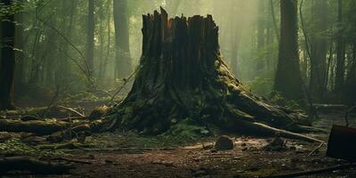 ai generado. ai generativo. de madera tocón en el selva bosque. naturaleza al aire libre paisaje antecedentes. gráfico Arte foto