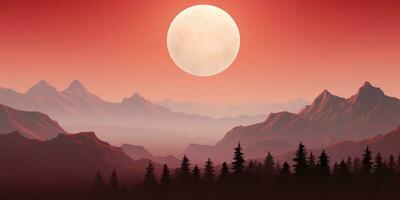 AI Generated. AI Generative. Minimalistic nature outdoor landscape with mountains hills and full moon in red vintage retro style. Graphic Art photo