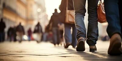 ai generado. ai generativo. multitud personas caminando calle piernas en zapatos. ciudad urbano antecedentes. gráfico Arte foto