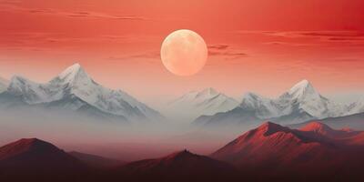 AI Generated. AI Generative. Minimalistic nature outdoor landscape with mountains hills and full moon in red vintage retro style. Graphic Art photo