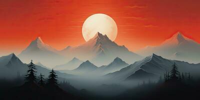 AI Generated. AI Generative. Minimalistic nature outdoor landscape with mountains hills and full moon in red vintage retro style. Graphic Art photo