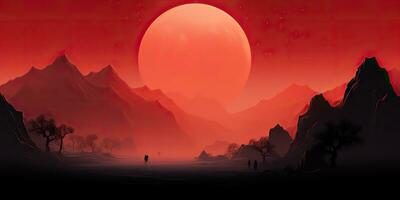 AI Generated. AI Generative. Minimalistic nature outdoor landscape with mountains hills and full moon in red vintage retro style. Graphic Art photo