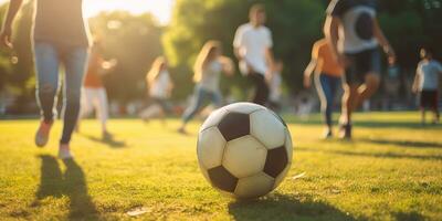 ai generado. ai generativo. fútbol fútbol americano juego en verde campo. activo deporte ajuste formación antecedentes. gráfico Arte foto