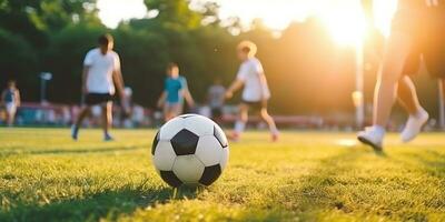 ai generado. ai generativo. fútbol fútbol americano juego en verde campo. activo deporte ajuste formación antecedentes. gráfico Arte foto