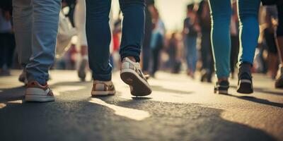 ai generado. ai generativo. multitud personas caminando calle piernas en zapatos. ciudad urbano antecedentes. gráfico Arte foto