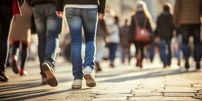 ai generado. ai generativo. multitud personas caminando calle piernas en zapatos. ciudad urbano antecedentes. gráfico Arte foto