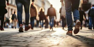 ai generado. ai generativo. multitud personas caminando calle piernas en zapatos. ciudad urbano antecedentes. gráfico Arte foto