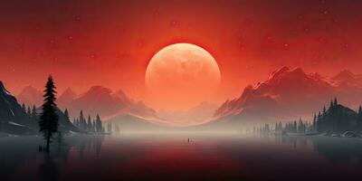 AI Generated. AI Generative. Minimalistic nature outdoor landscape with mountains hills and full moon in red vintage retro style. Graphic Art photo