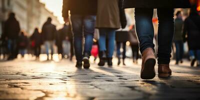 ai generado. ai generativo. multitud personas caminando calle piernas en zapatos. ciudad urbano antecedentes. gráfico Arte foto