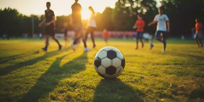 ai generado. ai generativo. fútbol fútbol americano juego en verde campo. activo deporte ajuste formación antecedentes. gráfico Arte foto