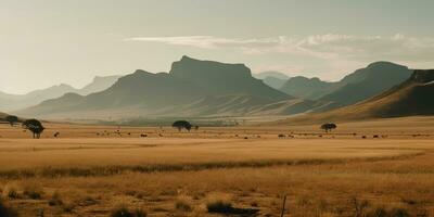 AI Generated. AI Generative. Wild outdoor nature South Africa landscape background with mountains and field. Graphic Art photo