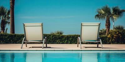 ai generado. ai generativo. dos de madera diciembre sillas a nadando piscina. vacaciones relajante hotel tiempo. gráfico Arte foto