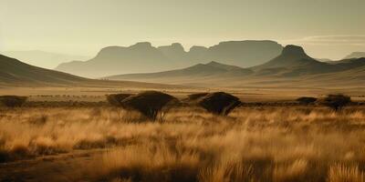 ai generado. ai generativo. salvaje al aire libre naturaleza sur África paisaje antecedentes con montañas y campo. gráfico Arte foto