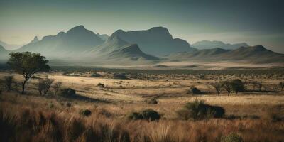 ai generado. ai generativo. salvaje al aire libre naturaleza sur África paisaje antecedentes con montañas y campo. gráfico Arte foto