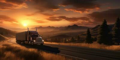 AI Generated. AI Generative. Truck auto mobile  at road highway parking with sunset country side landscape background. Graphic Art photo