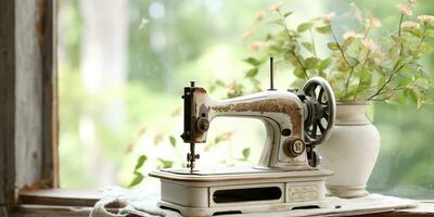 AI Generated. AI Generative. Vintage retro sewing machine on window with flowers. Decorative home cozy background. Graphic Art photo