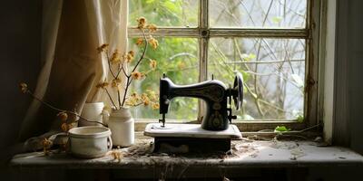ai generado. ai generativo. Clásico retro de coser máquina en ventana con flores decorativo hogar acogedor antecedentes. gráfico Arte foto