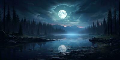 ai generado. ai generativo. noche noche naturaleza al aire libre paisaje antecedentes lleno Luna y montañas. gráfico Arte foto
