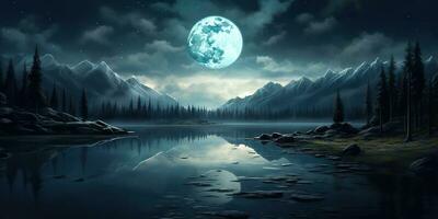 ai generado. ai generativo. noche noche naturaleza al aire libre paisaje antecedentes lleno Luna y montañas. gráfico Arte foto