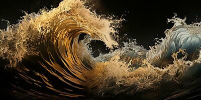 AI Generated. AI Generative. Dark black and yellow splash water sea ocean waves decorative background. Graphic Art photo