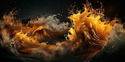 AI Generated. AI Generative. Dark black and yellow splash water sea ocean waves decorative background. Graphic Art photo