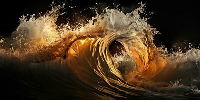 AI Generated. AI Generative. Dark black and yellow splash water sea ocean waves decorative background. Graphic Art photo