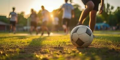 ai generado. ai generativo. fútbol fútbol americano juego en verde campo. activo deporte ajuste formación antecedentes. gráfico Arte foto