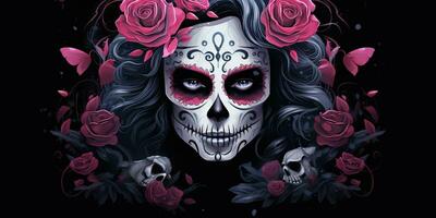 AI Generated. AI Generative. Muertos Mexican latin day of the dead holiday carnival woman make up sugar skull face. Beautiful woman with halloween photo