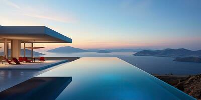 AI Generated. AI Generative. Modern luxury villa house luxury hotel relaxing architecture with swimming pool decoration. Graphic Art photo