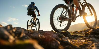 ai generado. ai generativo. ciclista motorista activo deporte transporte al aire libre naturaleza montaña paisaje antecedentes acción. gráfico Arte foto