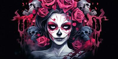 AI Generated. AI Generative. Muertos Mexican latin day of the dead holiday carnival woman make up sugar skull face. Beautiful woman with halloween photo