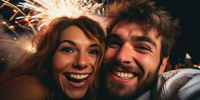 ai generado. ai generativo. Pareja de amantes hombre y mujer celebrando nuevo año alegre Navidad noche víspera. romántico amor foto ilustración. gráfico Arte