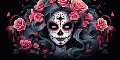 AI Generated. AI Generative. Muertos Mexican latin day of the dead holiday carnival woman make up sugar skull face. Beautiful woman with halloween photo